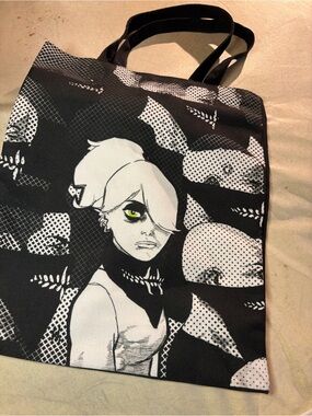 Black & White Graphic Tote Bag with Green Eye Accent